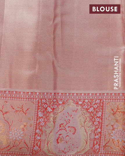 Tissue semi kanjivaram silk saree cream and red with allover thread & zari weaves and woven border