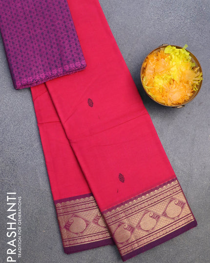 Chettinad cotton saree pink and purple with thread woven buttas and zari woven paisley border & woven blouse