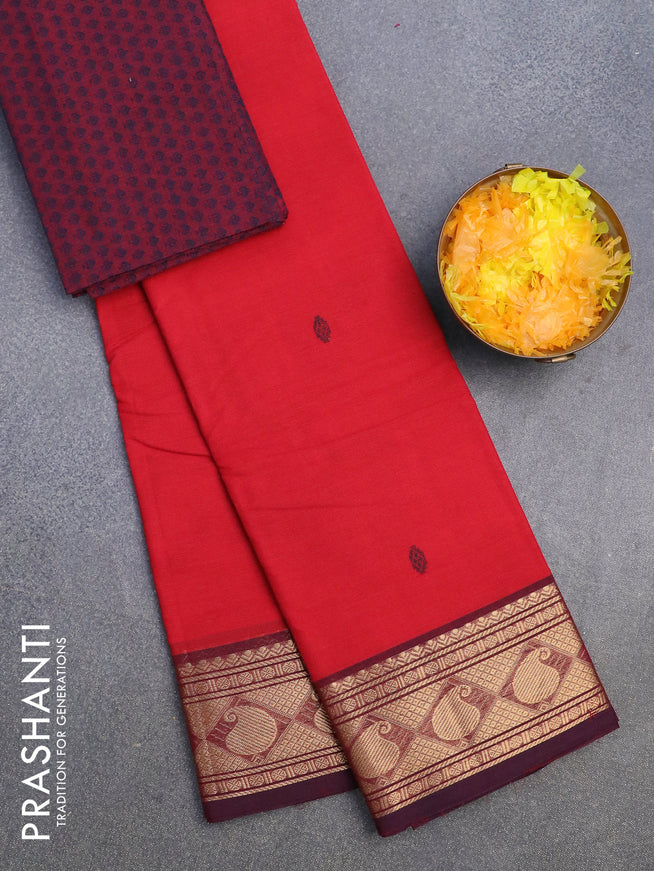 Chettinad cotton saree red and dual shade of blue with thread woven buttas and zari woven paisley border & woven blouse