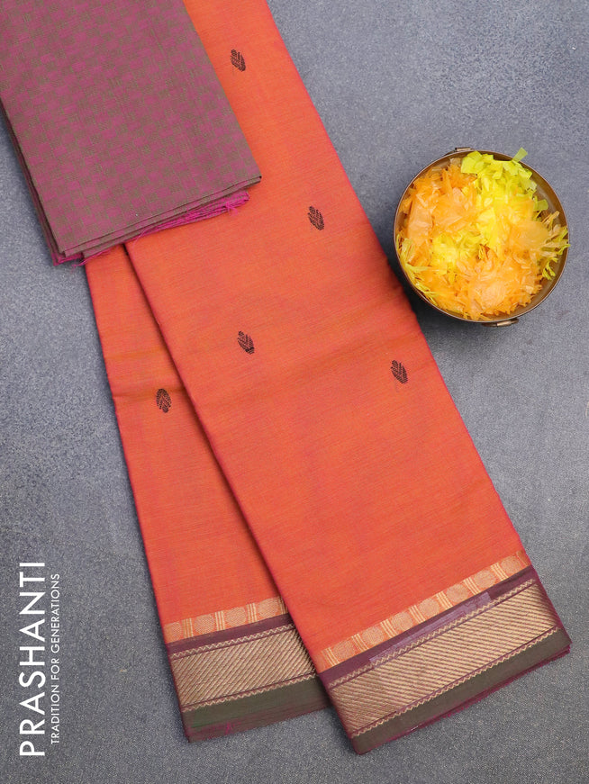 Chettinad cotton saree dual shade of pinkish orange and dual shade of greenish pink with thread woven buttas and zari woven border & woven blouse