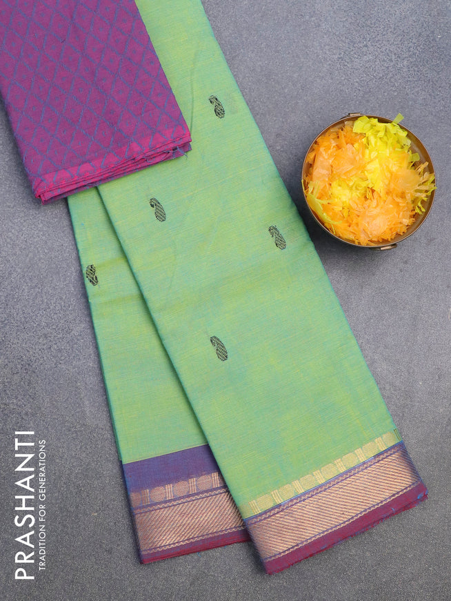 Chettinad cotton saree dual shade of green and maroon with thread woven buttas and zari woven border & woven blouse