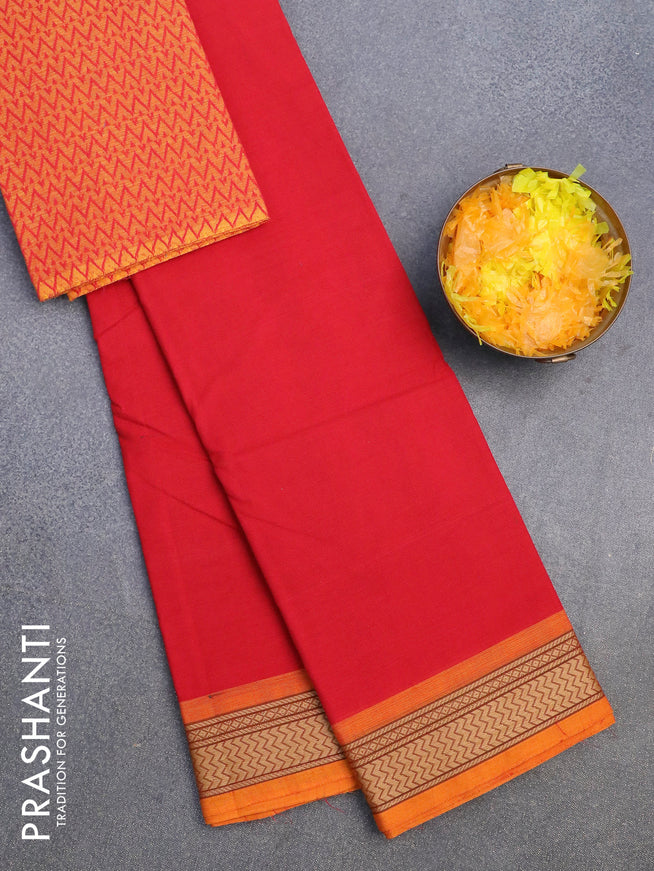 Chettinad cotton saree red and mustard yellow with plain body and woven border & woven blouse
