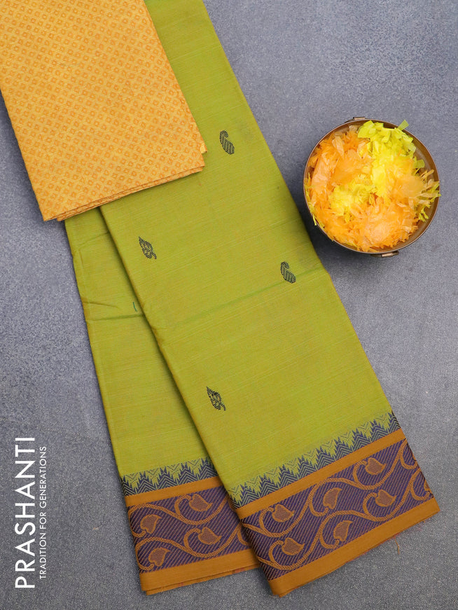 Chettinad cotton saree yellowish green and mustard shade with thread woven buttas and thread woven border & woven blouse