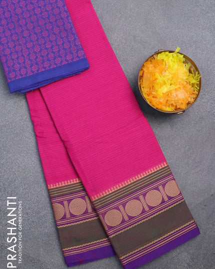 Chettinad cotton saree pink and violet with allover stripes pattern and thread woven rudhraksha border & woven blouse
