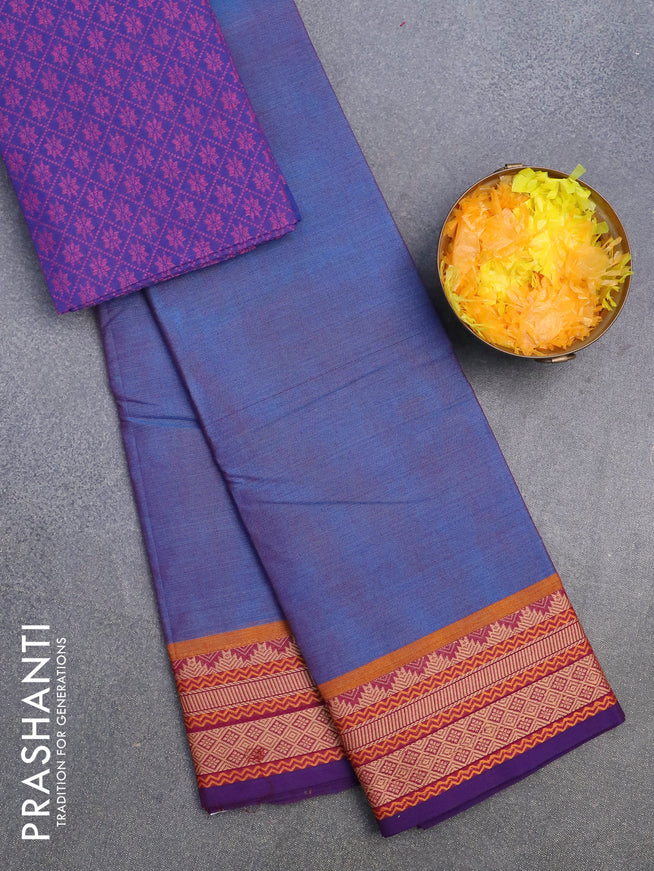 Chettinad cotton saree dual shade of blue and blue with plain body and thread woven border & woven blouse