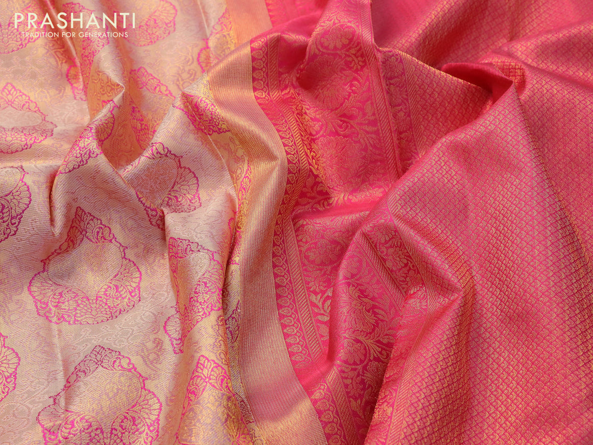 Pure kanjivaram silk saree gold and pink with allover zari woven brocade weaves and zari woven border