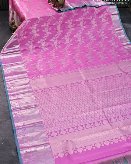 Pure kanjivaram silk saree light pink and teal green with allover silver zari weaves and silver zari woven border