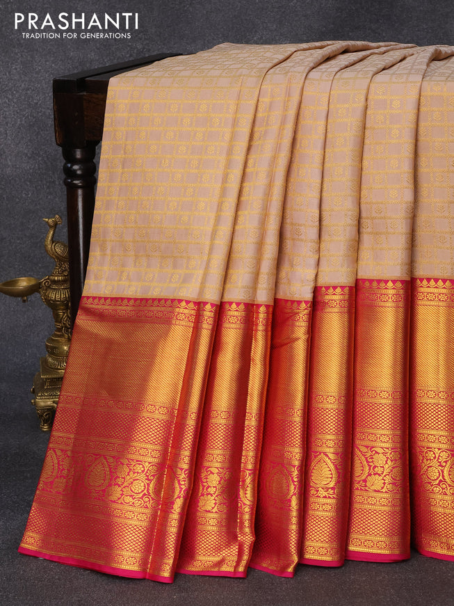 Pure kanjivaram silk saree beige and pink with allover zxari checks & buttas and long zari woven border