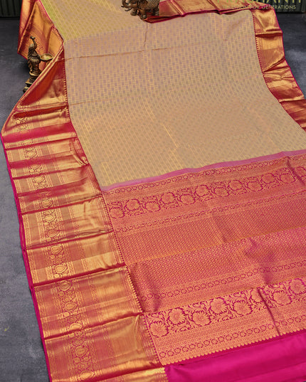 Pure kanjivaram silk saree beige and pink with allover zxari checks & buttas and long zari woven border