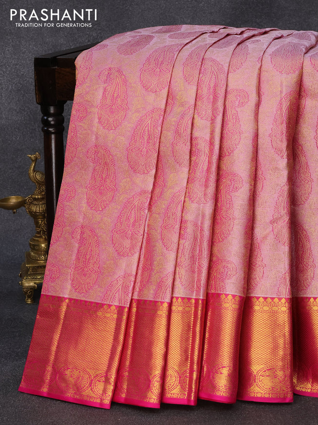 Pure kanjivaram silk saree light pink and pink with thread & zari woven paisley weaves and annam zari woven border