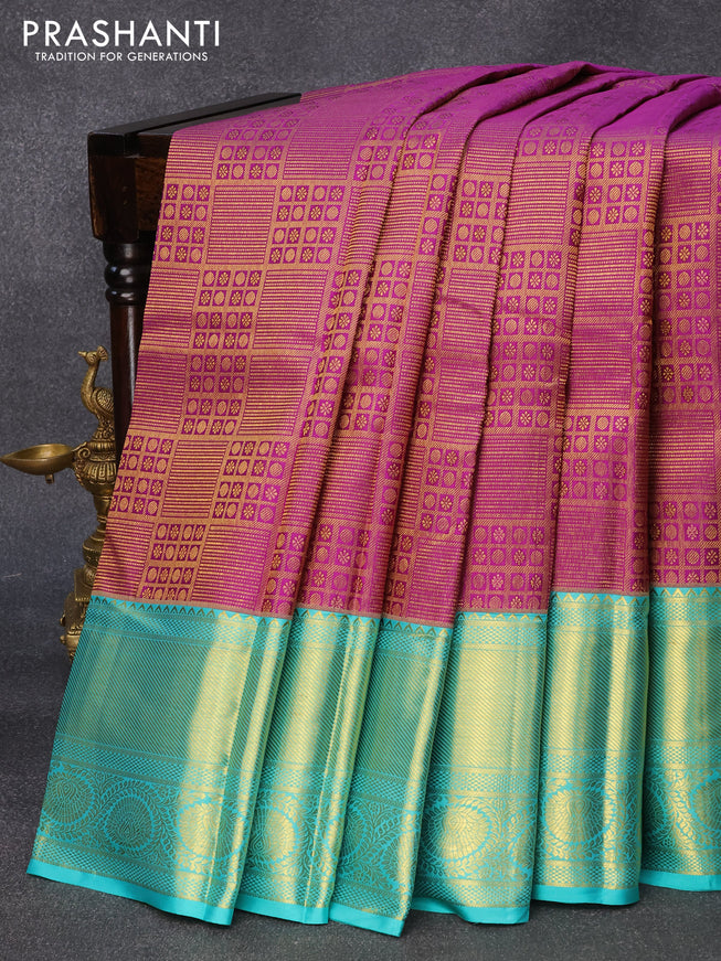Pure kanjivaram silk saree purple and teal blue with allover zari woven brocade weaves and zari woven border