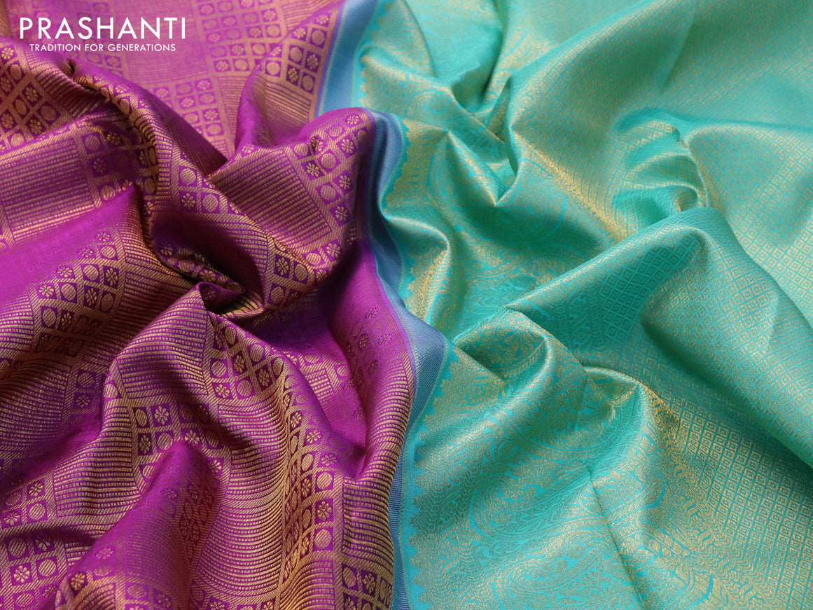 Pure kanjivaram silk saree purple and teal blue with allover zari woven brocade weaves and zari woven border