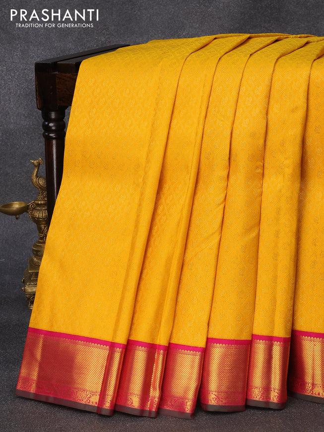 Pure kanjivaram silk saree yellow and pink with allover zari checks & annam buttas and zari woven border