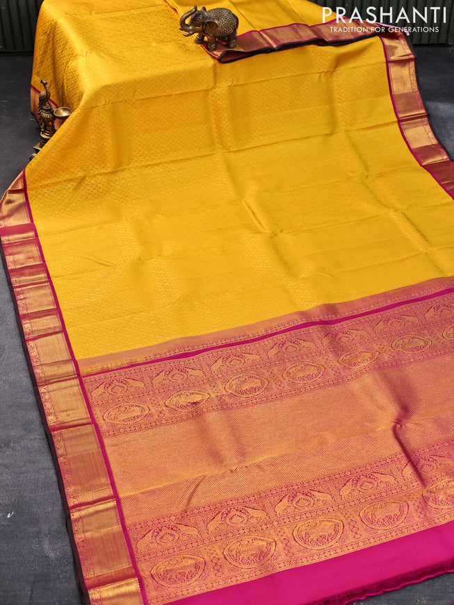 Pure kanjivaram silk saree yellow and pink with allover zari checks & annam buttas and zari woven border