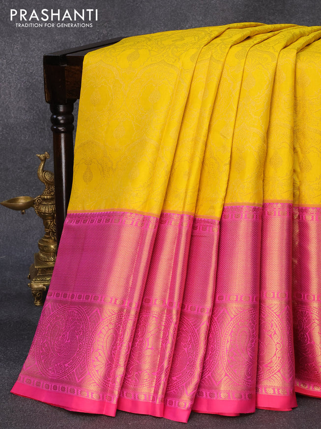 Pure kanjivaram silk saree yellow and pink with allover zari woven brocade weaves and long zari woven annam border