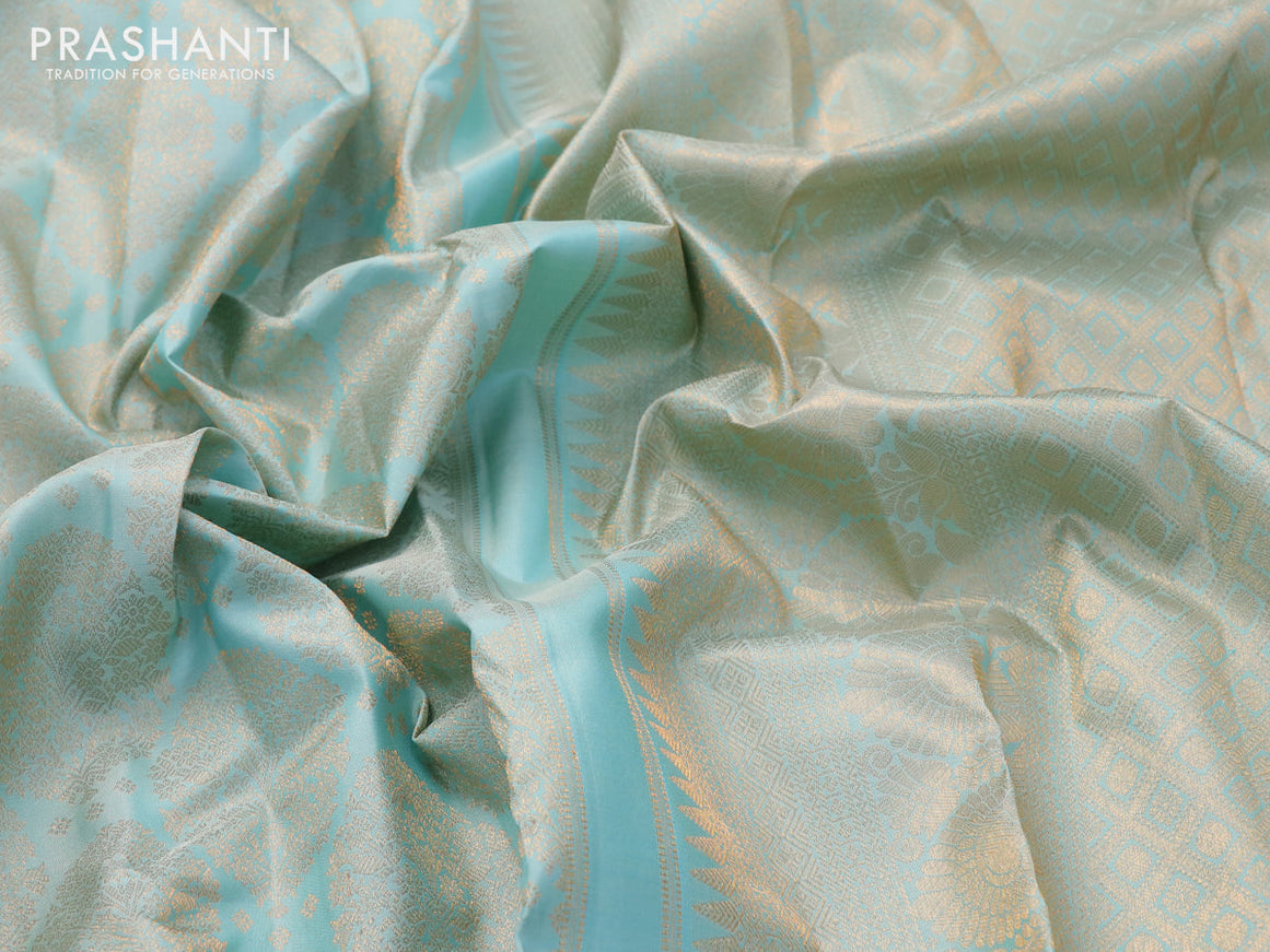 Pure kanjivaram silk saree pastel blue with zari woven buttas and zari woven border
