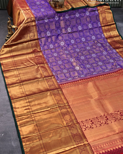 Pure kanjivaram silk saree blue and maroon with allover zari woven broacde weaves and long zari woven border