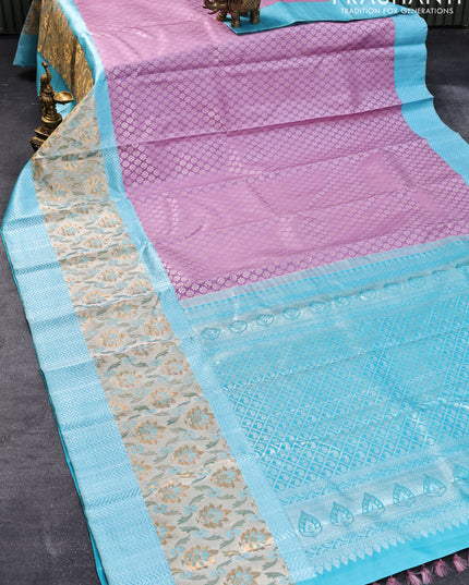 Pure kanjivaram silk saree lavender and light blue with allover silver zari woven butta weaves and rich silver zari woven border
