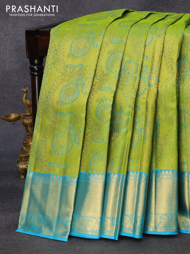 Pure kanjivaram silk saree light green and cs blue with allover thread & zari woven brocade weaves and zari woven annam border