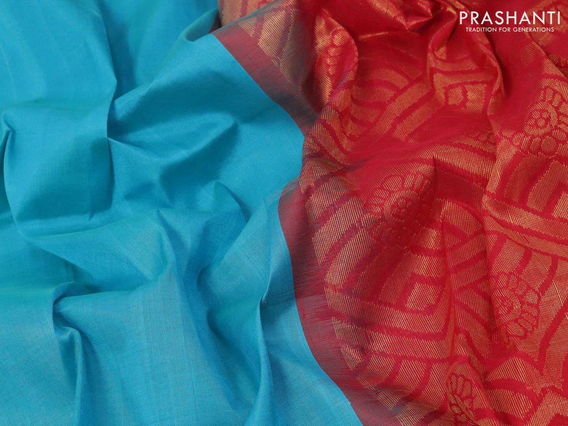 Kuppadam silk cotton saree teal blue and red with plain body and temple design zari woven border