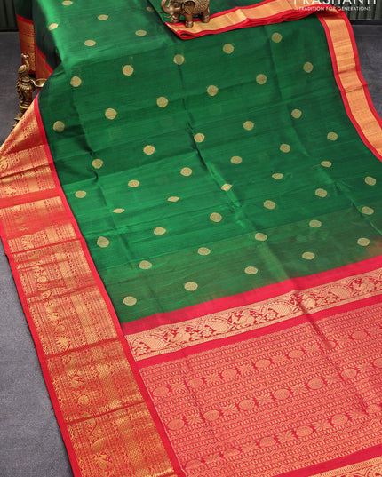 Kuppadam silk cotton saree green and red with rudhraksha zari woven buttas and long zari woven border