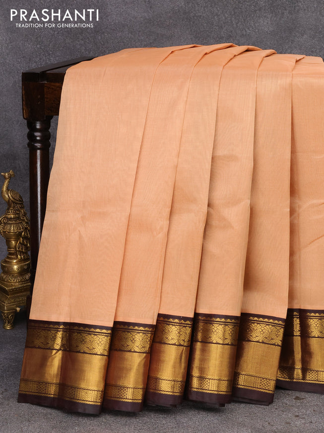 Kuppadam silk cotton saree sandal and brown with plain body and zari woven border