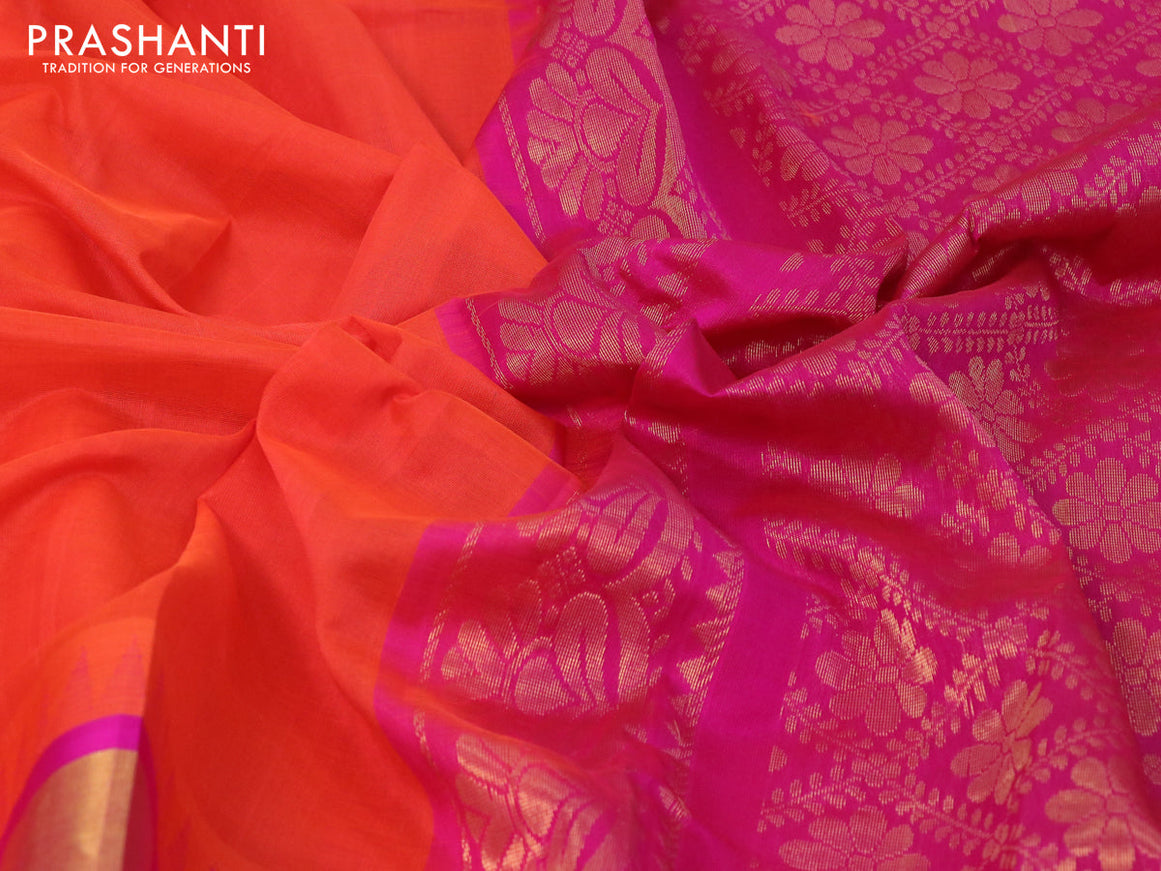 Kuppadam silk cotton saree orange and pink with plain body and temple design zari woven border