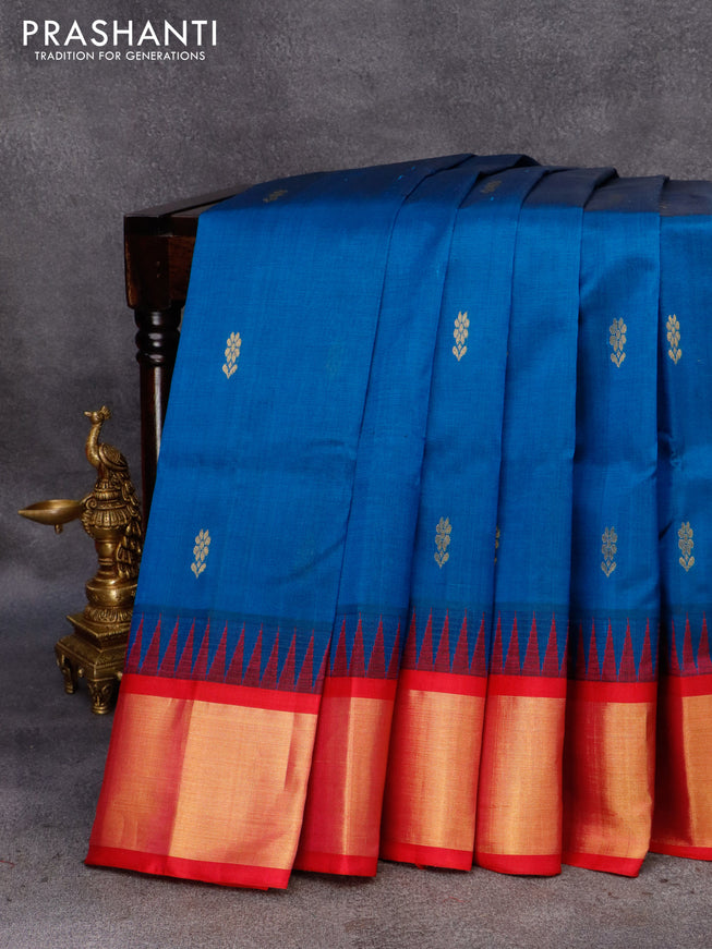 Kuppadam silk cotton saree cs blue and pink with zari woven buttas and temple design zari woven border