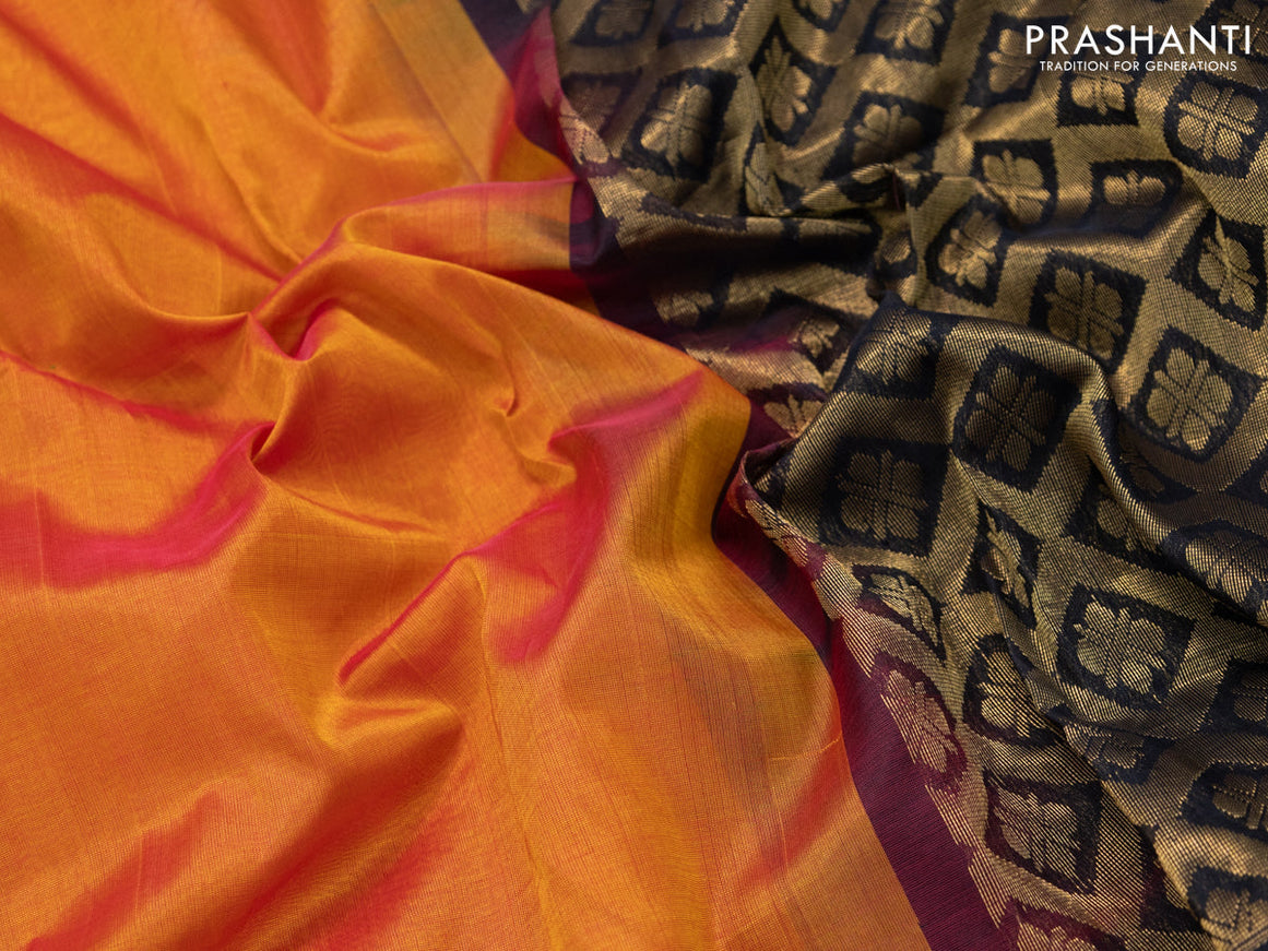 Kuppadam silk cotton saree dual shade of yellowish pink and black with plain body and temple design zari woven border