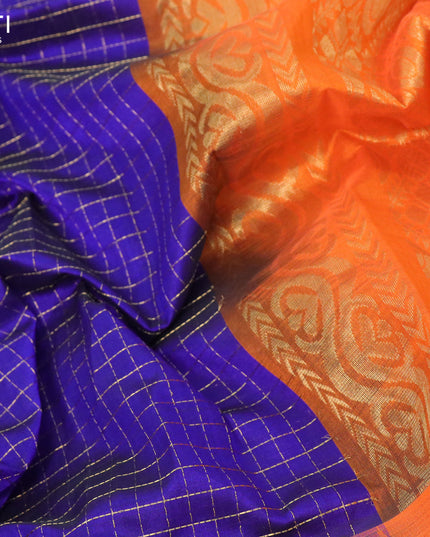 Kuppadam silk cotton saree blue and orange with allover small zari checked pattern and temple design zari woven butta border