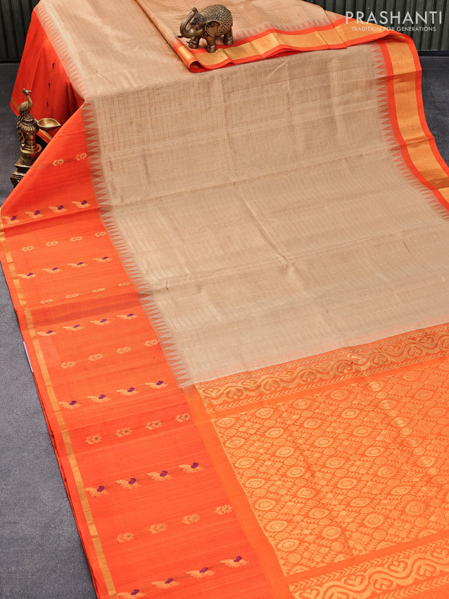 Kuppadam silk cotton saree sandal and orange with allover small zari checked pattern and temple design zari woven butta border