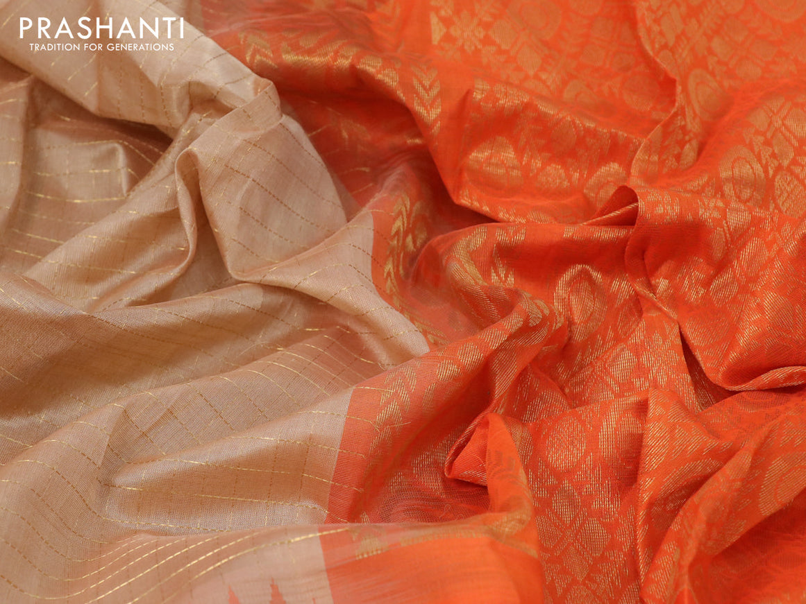 Kuppadam silk cotton saree sandal and orange with allover small zari checked pattern and temple design zari woven butta border