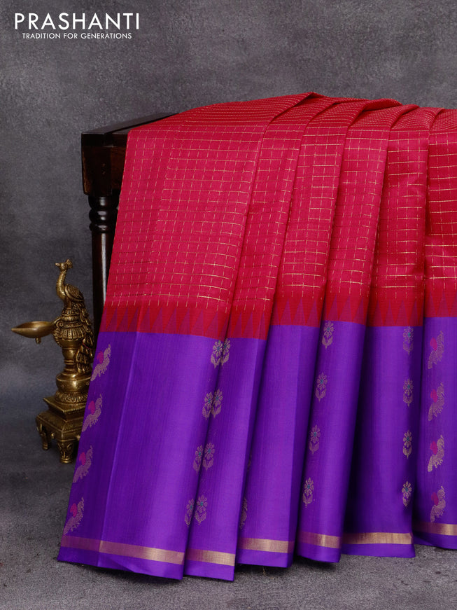 Kuppadam silk cotton saree pink and blue with allover small zari checked pattern and temple design zari woven butta border