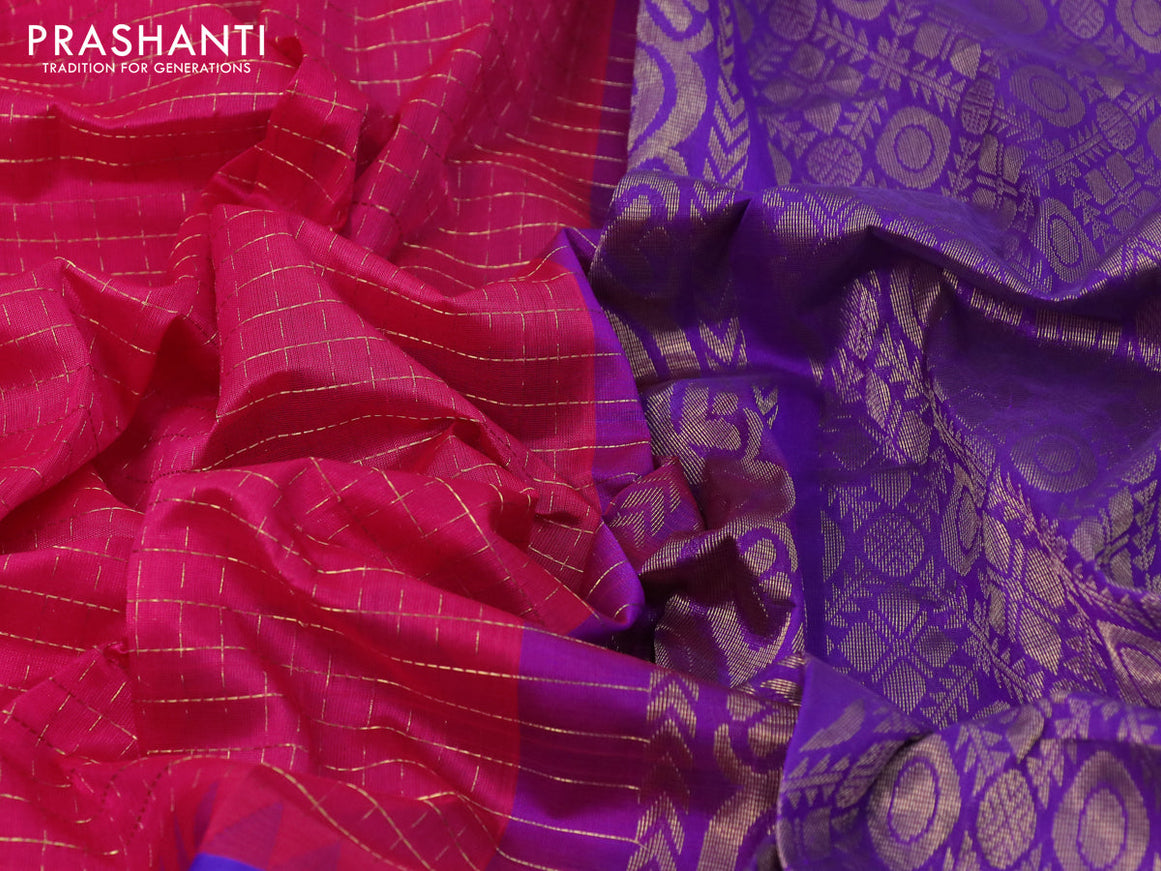 Kuppadam silk cotton saree pink and blue with allover small zari checked pattern and temple design zari woven butta border