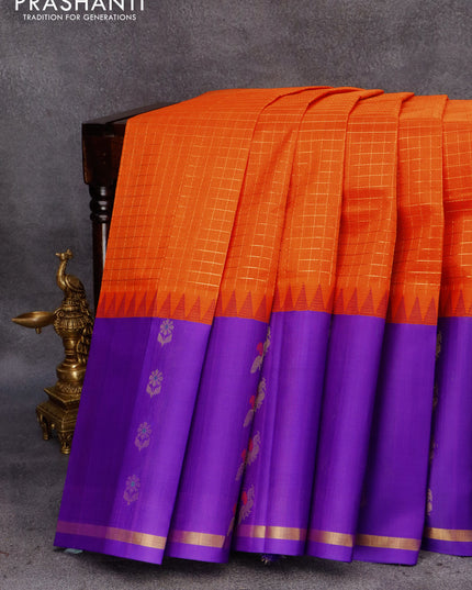Kuppadam silk cotton saree orange and blue with allover small zari checked pattern and temple design zari woven butta border