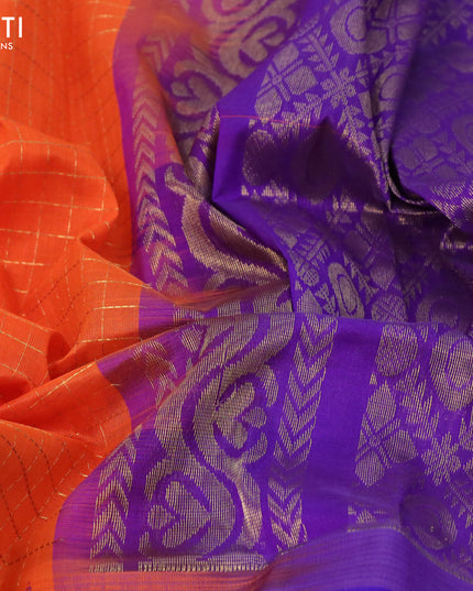 Kuppadam silk cotton saree orange and blue with allover small zari checked pattern and temple design zari woven butta border