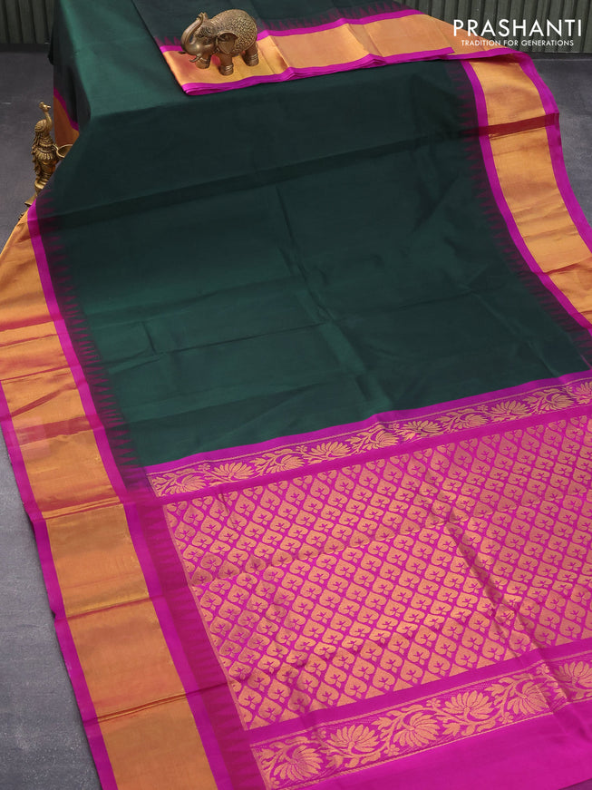 Kuppadam silk cotton saree bottle green and purple with plain body and temple design long zari woven border