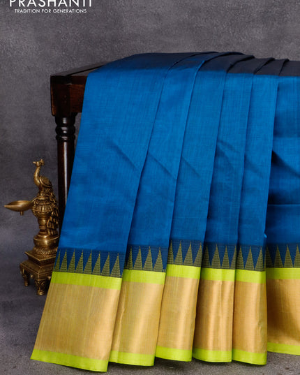 Kuppadam silk cotton saree peacock blue and fluorescent green with plain body and temple design long zari woven border