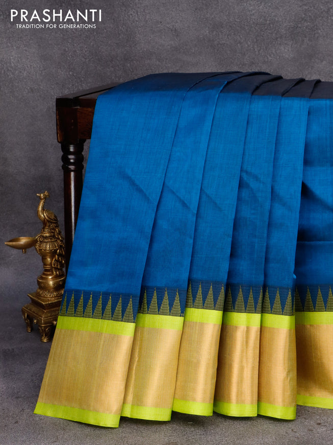 Kuppadam silk cotton saree peacock blue and fluorescent green with plain body and temple design long zari woven border