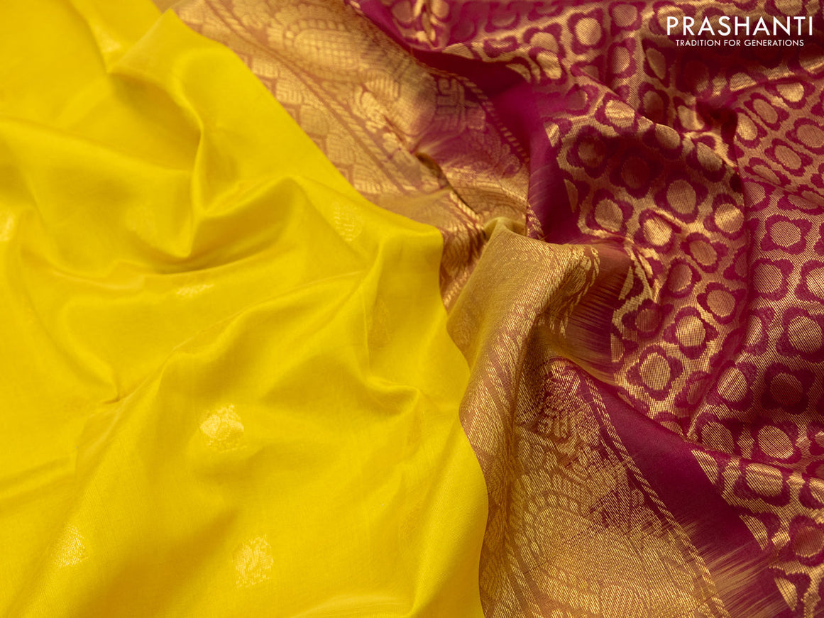 Kuppadam silk cotton saree mustard yellow and maroon with allover zari woven buttas and temple design long zari woven annam border