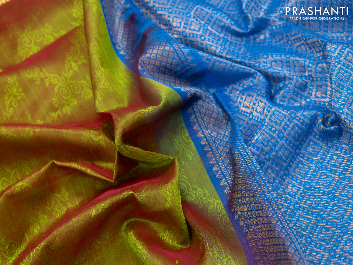Kuppadam silk cotton saree dual shade of greenish pink and cs blue with allover self emboss jacquard and long zari woven simple border