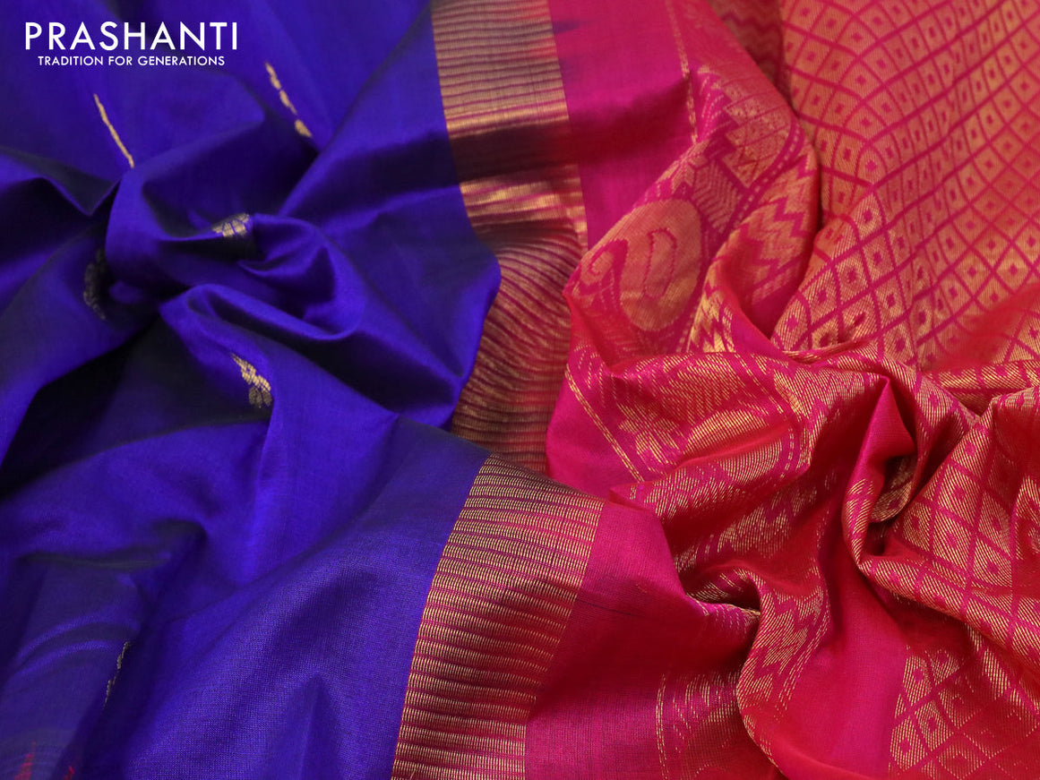 Kuppadam silk cotton saree blue and pink with floral zari woven buttas and temple design zari woven border