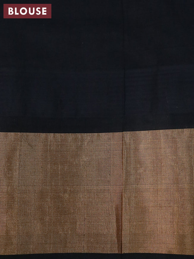 Kuppadam silk cotton saree grey shade and black with plain body and temple design long zari woven border
