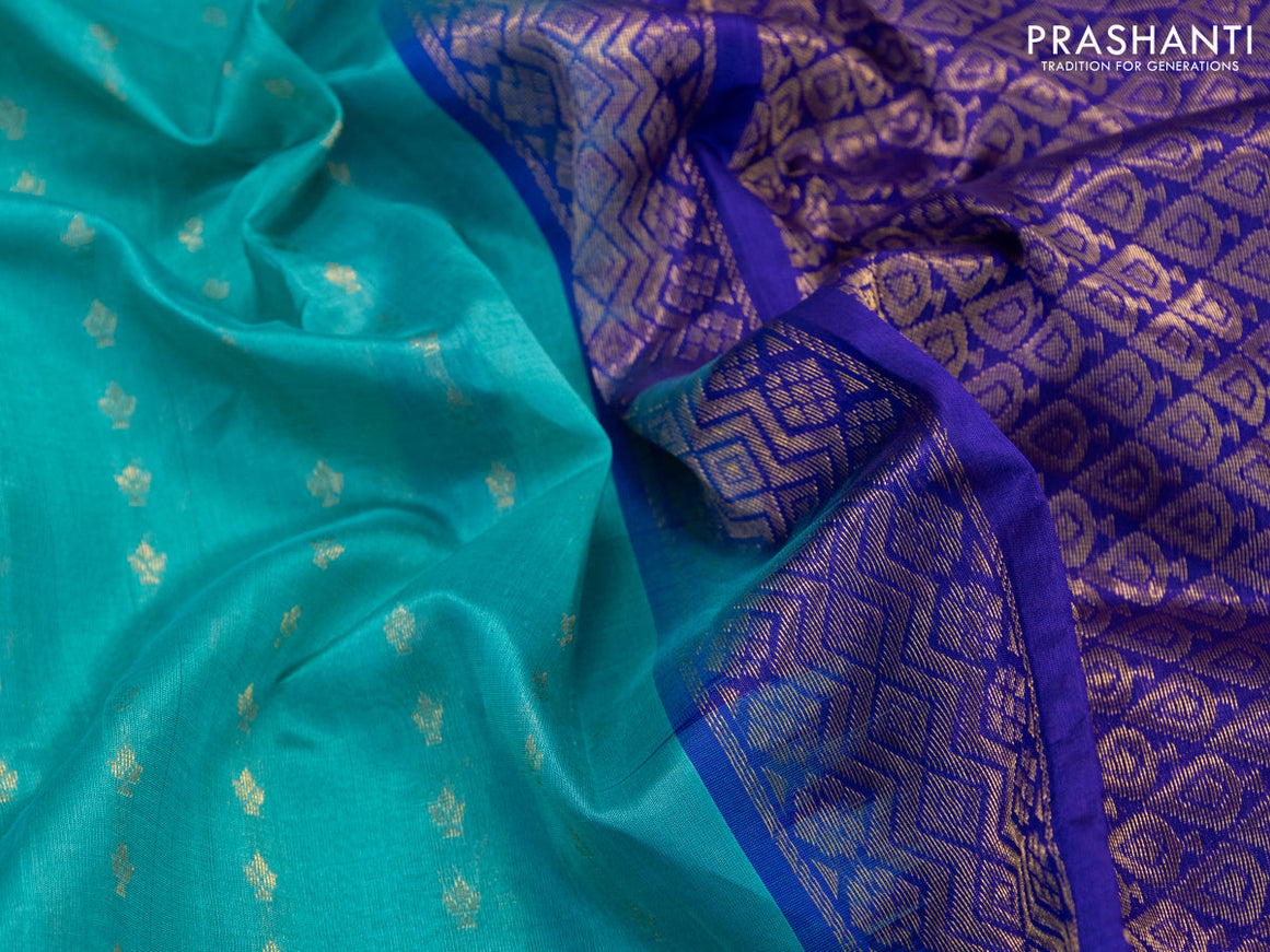 Kuppadam silk cotton saree teal blue and blue with floral zari woven buttas and temple design rettapet zari woven border