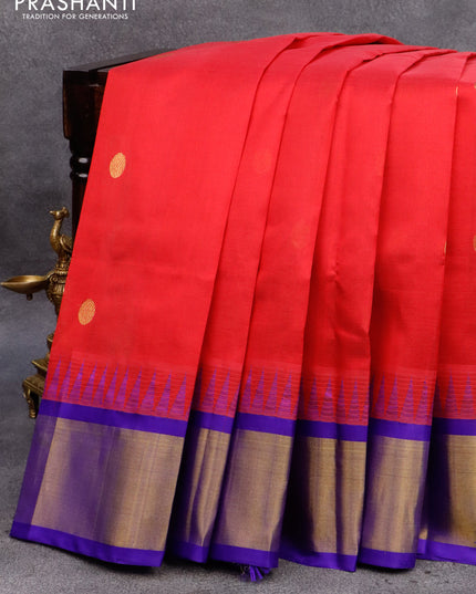 Kuppadam silk cotton saree red and blue with rudhraksha zari woven buttas and temple design zari woven border