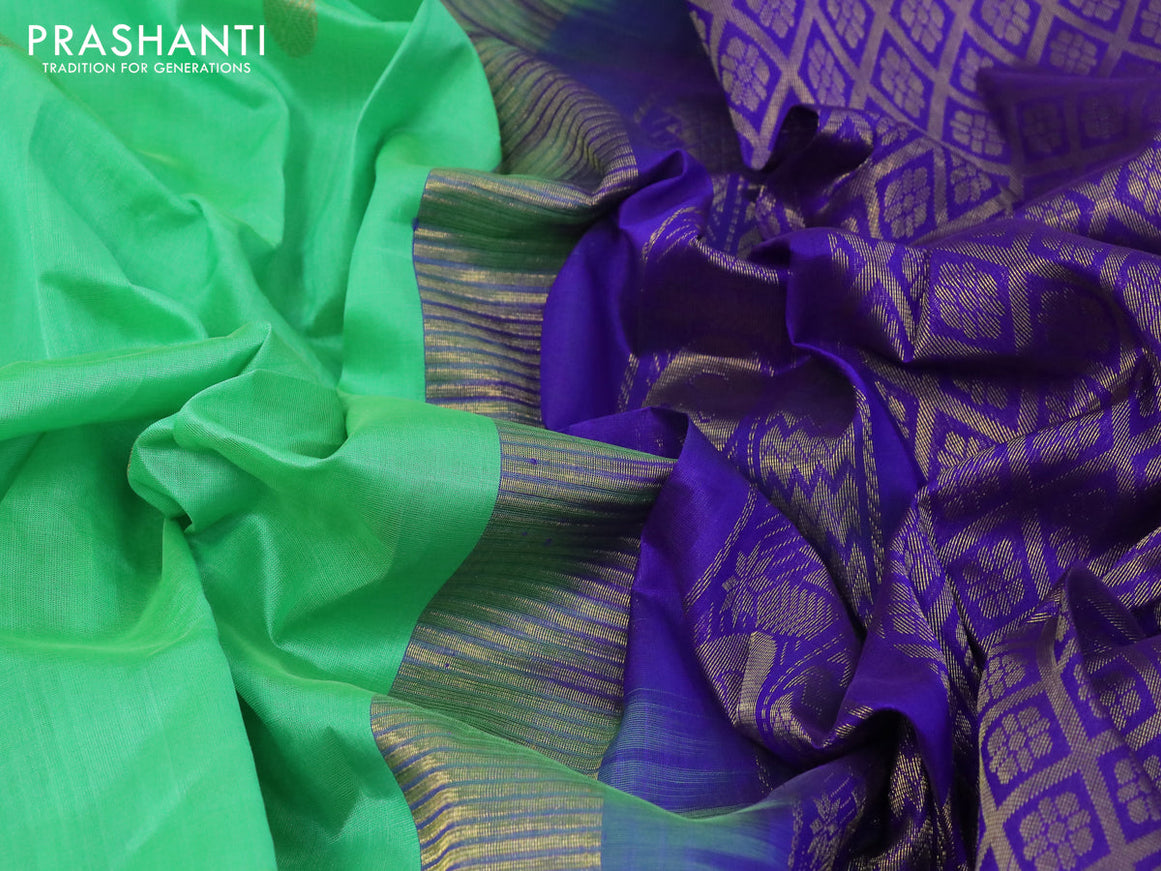 Kuppadam silk cotton saree teal green and blue with rudhraksha zari woven buttas and temple design zari woven border
