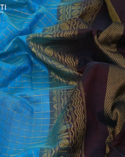 Kuppadam silk cotton saree cs blue and brown with allover zari checked pattern and temple design rettapet zari woven border