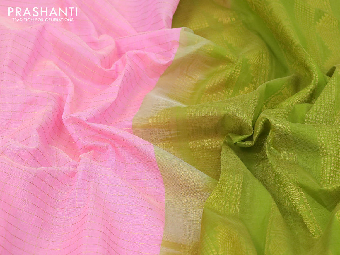 Kuppadam silk cotton saree light pink and light green with allover zari checked pattern and temple design rettapet zari woven border