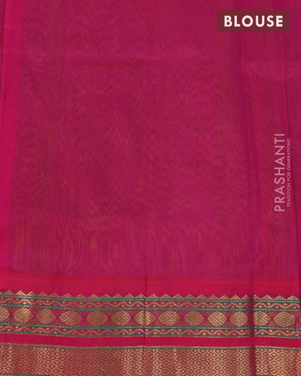 Silk cotton saree light green and pink with plain body and zari woven korvai border