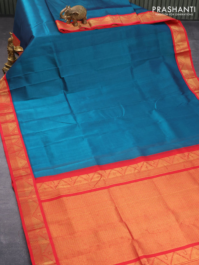 Silk cotton saree peacock green and red with plain body and zari woven korvai border